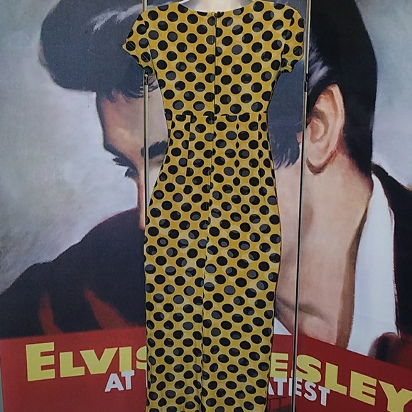 Tatyana Ink Spot Vintage 1950's Pinup Pencil Dress Yellow w Black Polka Dots - Picture 7 of 8